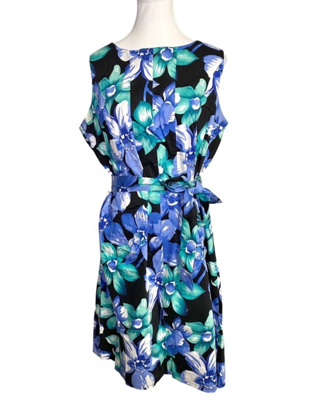 Kim Rogers XL Tropical Floral Sleeveless Midi Dress Tie Waist Cotton Blend
